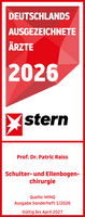 Prof. Dr. med. Patric Raiss Stern Ärztesiegel 2026 Schulter- und Ellenbogenchirurgie Prof. Dr. med. Patric Raiss, rot weißes Siegel mit weißer und roter Schrift