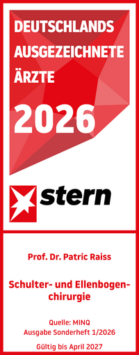 Stern Ärztesiegel 2026 Schulter- und Ellenbogenchirurgie Prof. Dr. med. Patric Raiss, rot weißes Siegel mit weißer und roter Schrift