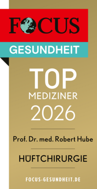 Focus Top Mediziner Siegel 2026 Hüftchirurgie Prof. Dr. med. Robert Hube, goldfarbenes Siegel mit schwarzer und weißer Schrift