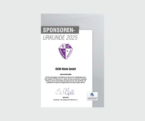 Sponsorenurkunde für einen Fußballverein, Urkunde weiß und violett, schwarze Schrift, hellgrauer Hintergrund
