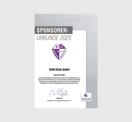 Sponsorenurkunde für einen Fußballverein, Urkunde weiß und violett, schwarze Schrift, hellgrauer Hintergrund