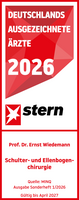 Prof. Dr. med. Ernst Wiedemann Stern Ärztesiegel 2026 Schulter- und Ellenbogenchirurgie Prof. Dr. med. Ernst Wiedemann, rot weißes Siegel mit weißer und roter Schrift