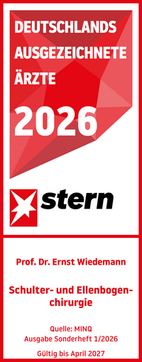 Stern Ärztesiegel 2026 Schulter- und Ellenbogenchirurgie Prof. Dr. med. Ernst Wiedemann, rot weißes Siegel mit weißer und roter Schrift