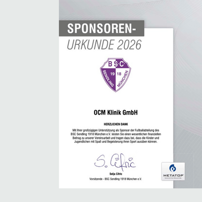 Sponsorenurkunde 2026 der OCM Klinik GmbH, violettes Logo des Fußballvereins BSC Sendling, schwarze Schrift auf weißem Hintergrund