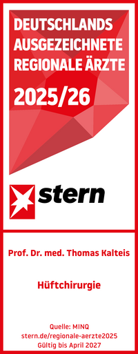 Stern Regionale Ärzte Siegel 2026 Hüftchirurgie Prof. Dr. med. Thomas Kalteis, rot weißes Siegel mit weißer und roter Schrift