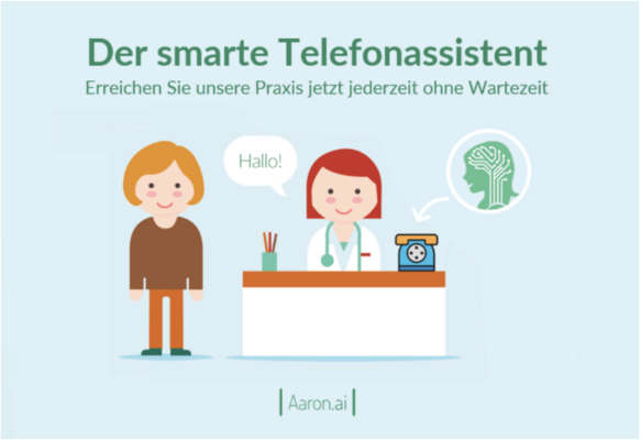 bunte Grafik mit hellblauen Hintergrund zum digitalen Telefonassistenten der OCM, Ärztin am Schreibtisch, Patient steht links daneben, freundliche Gesichter