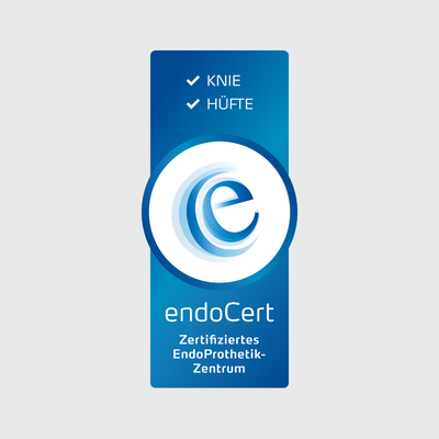 blau-weißes endoCert Logo auf hellgrauem Grund