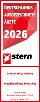 Prof. Dr. med. Mirco Herbort Stern Ärztesiegel 2026 Kreuzband und Meniskus Prof. Dr. med. Mirco Herbort, rot weißes Siegel mit weißer und roter Schrift