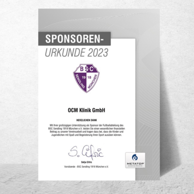 Sponsorenurkunde 2023 Fußballverein BSC Sendling, weiß, mit lilafarbenem Logo vor hellgrauem Hintergrund