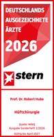 Prof. Dr. med. Robert Hube Stern Ärztesiegel 2026 Hüftchirurgie Prof. Dr. med. Robert Hube, rot weißes Siegel mit weißer und roter Schrift