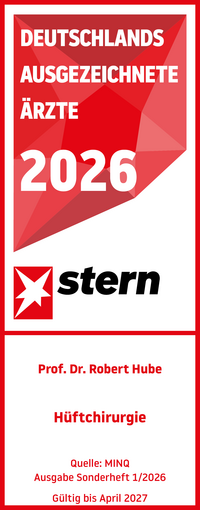 Stern Ärztesiegel 2026 Hüftchirurgie Prof. Dr. med. Robert Hube, rot weißes Siegel mit weißer und roter Schrift