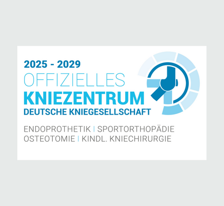 weißes, rechteckiges logo der deutschen Kniegesellschaft, hellblaue Schrift und hellgrauer hintergrund
