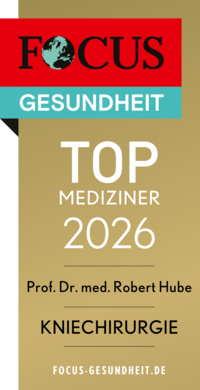 Focus Top Mediziner Siegel 2026 Kniechirurgie Prof. Dr. med. Robert Hube, goldfarbenes Siegel mit weißer und schwarzer Schrift