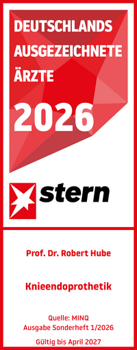 Stern Ärztesiegel 2026 Knieendoprothetik Prof. Dr. med. Robert Hube, rot weißes Siegel mit weißer und roter Schrift