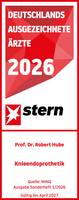 Prof. Dr. med. Robert Hube Stern Ärztesiegel 2026 Knieendoprothetik Prof. Dr. med. Robert Hube, rot weißes Siegel mit weißer und roter Schrift