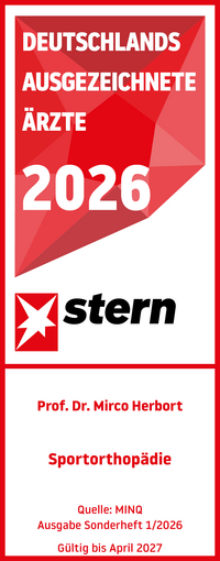 Stern Ärztesiegel 2026 Sportorthopädie Prof. Dr. med. Mirco Herbort, rot weißes Siegel mit weißer und roter Schrift