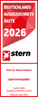 Prof. Dr. med. Mirco Herbort Stern Ärztesiegel 2026 Sportorthopädie Prof. Dr. med. Mirco Herbort, rot weißes Siegel mit weißer und roter Schrift