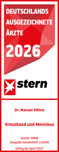 Stern Ärztesiegel 2026 Kreuzband und Meniskus Dr. med. Manuel Köhne, rot weißes Siegel mit weißer und roter Schrift