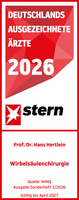 Prof. Dr. med. Hans Hertlein Stern Ärztesiegel 2026 Wirbelsäulenchirurgie Prof. Dr. med. Hans Hertlein, rot weißes Siegel mit weißer und roter Schrift