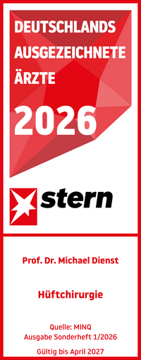 Stern Ärztesiegel 2026 Hüftchirurgie Prof. Dr. med. Michael Dienst, rot weißes Siegel mit weißer und roter Schrift