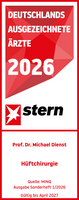 Prof. Dr. med. Michael Dienst Stern Ärztesiegel 2026 Hüftchirurgie Prof. Dr. med. Michael Dienst, rot weißes Siegel mit weißer und roter Schrift