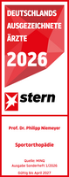 Prof. Dr. med. Philipp Niemeyer Stern Ärztesiegel 2026 Sportorthopädie Prof. Dr. med. Philipp Niemeyer, rot weißes Siegel mit weißer und roter Schrift